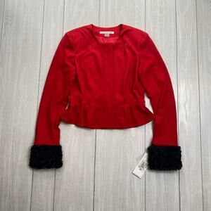 Peter Nygard Rouge Red Going My Way Zip Jacket Faux Fur Cuffs Size 8 Petite 8P